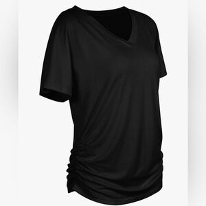 Black Short Sleeve V-Neck Dolman T-Shirt with Side Shirring